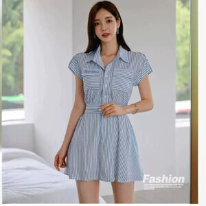 Fresh Striped Fashionable Versatile Shirt Dress Summer Waist Elegant Dress